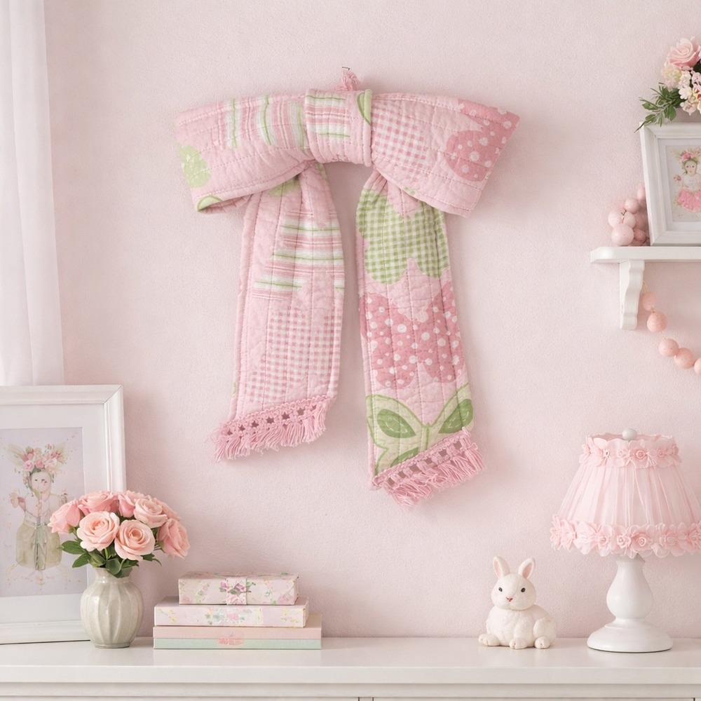 Pink Quilted Patchwork Butterfly Wall Hanging Bow Nursery Decor Crochet Trim
